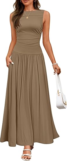 Casual Sleeveless Maxi Dress – Round Neck & Pockets