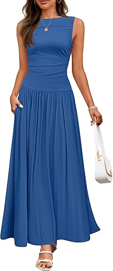 Casual Sleeveless Maxi Dress – Round Neck & Pockets