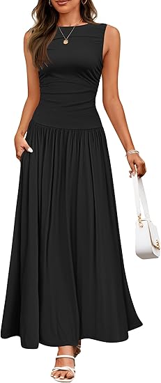 Casual Sleeveless Maxi Dress – Round Neck & Pockets