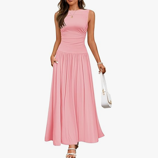 Casual Sleeveless Maxi Dress – Round Neck & Pockets