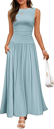 Casual Sleeveless Maxi Dress – Round Neck & Pockets