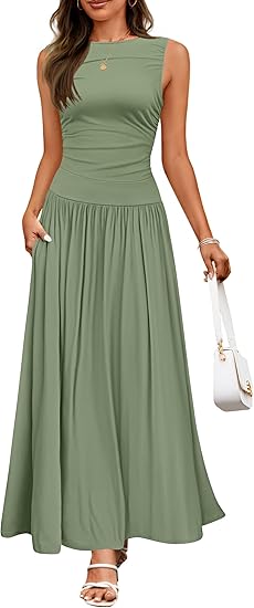 Casual Sleeveless Maxi Dress – Round Neck & Pockets