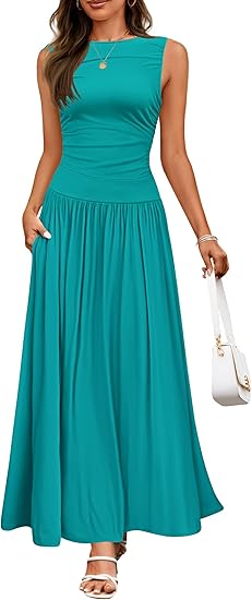 Casual Sleeveless Maxi Dress – Round Neck & Pockets