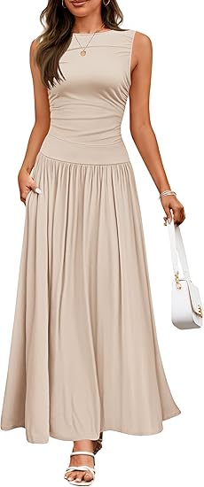 Casual Sleeveless Maxi Dress – Round Neck & Pockets
